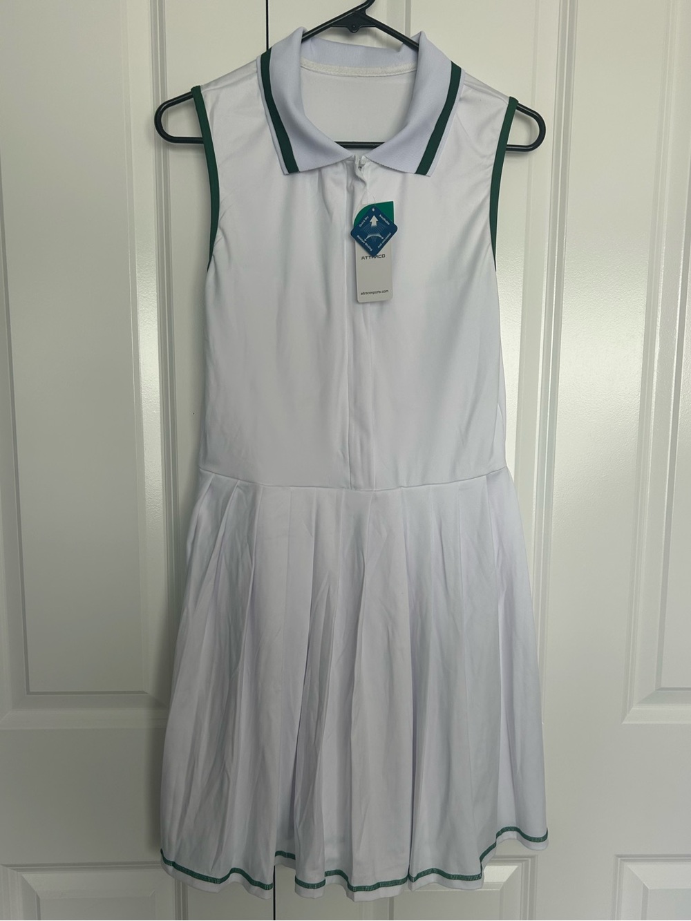 Women’s ' White Sleeveless Tennis Dress with Green Trim